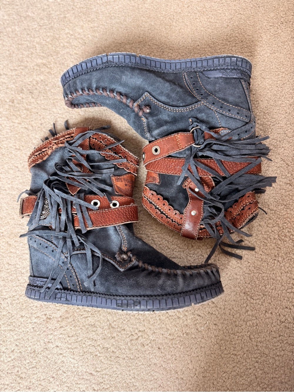 El Vaquero Arya Primus Noctis Navy and Brown Leather Fringe Wedge Moccasin Boots